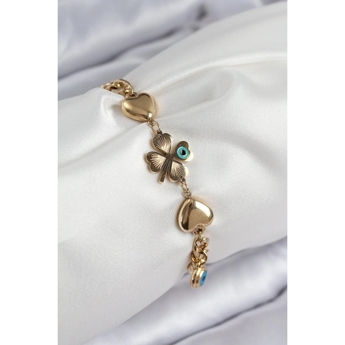 Dodes Dodes 316L Çelik Nazar Boncuk Detaylı Yonca Model Gold Renk Kadın Bileklik TG27BB7832