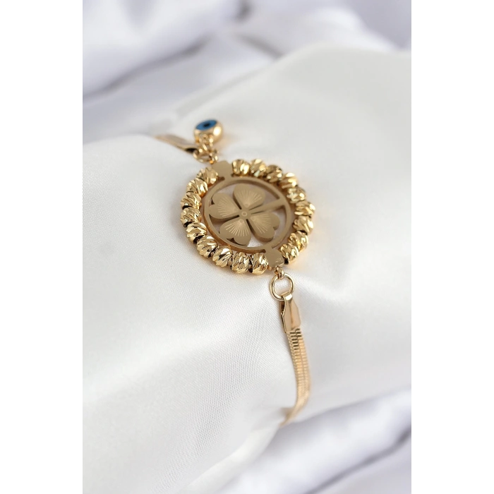 Dodes Dodes 316L Çelik Nazar Boncuk Detaylı Yonca Model İtalyan Zincir Gold Renk Kadın Bileklik TG27BB7826