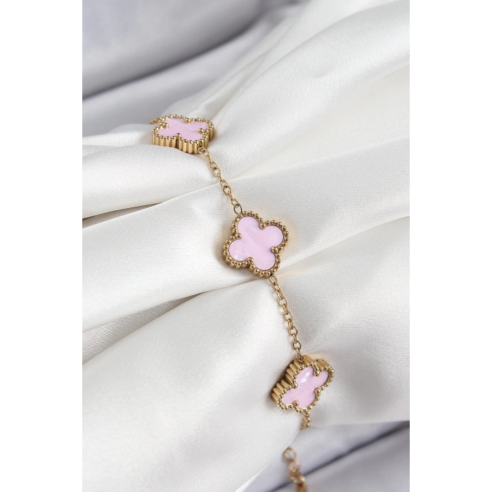 Dodes Dodes 316L Çelik Pembe Sedef Yonca Model Gold Renk Kadın Bileklik TG27BB7365