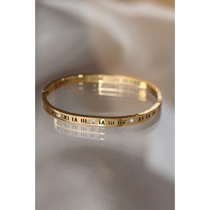 Dodes Dodes 316L Çelik Roma Rakamlı Gold Renk Bilezik Kelepçe TG27BB3565