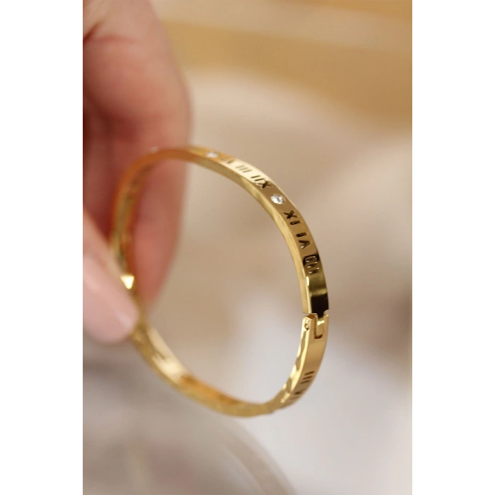 Dodes Dodes 316L Çelik Roma Rakamlı Gold Renk Bilezik Kelepçe TG27BB3565