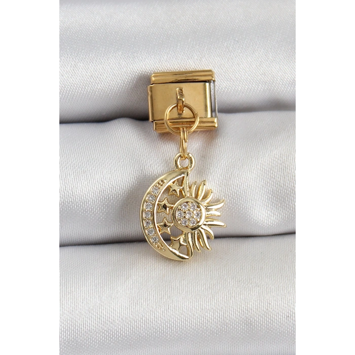 Dodes Dodes 316L Çelik Sallantılı Zirkon Taşlı Ay Ve Güneş Model Gold Renk Nomination Charm TG27BC1411