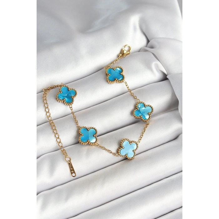 Dodes Dodes 316L Çelik Sedefli Gökyüzü Mavisi Gold Renk Yonca Kadın Bileklik TG27BB6967