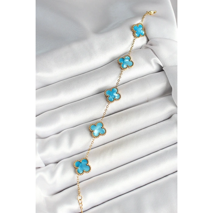 Dodes Dodes 316L Çelik Sedefli Gökyüzü Mavisi Gold Renk Yonca Kadın Bileklik TG27BB6967