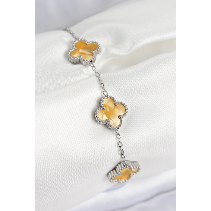 Dodes Dodes 316L Çelik Sedefli Kehribar Sarı Gümüş Renk Yonca Kadın Bileklik TG27BB7676