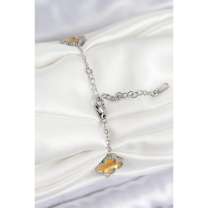 Dodes Dodes 316L Çelik Sedefli Kehribar Sarı Gümüş Renk Yonca Kadın Bileklik TG27BB7676