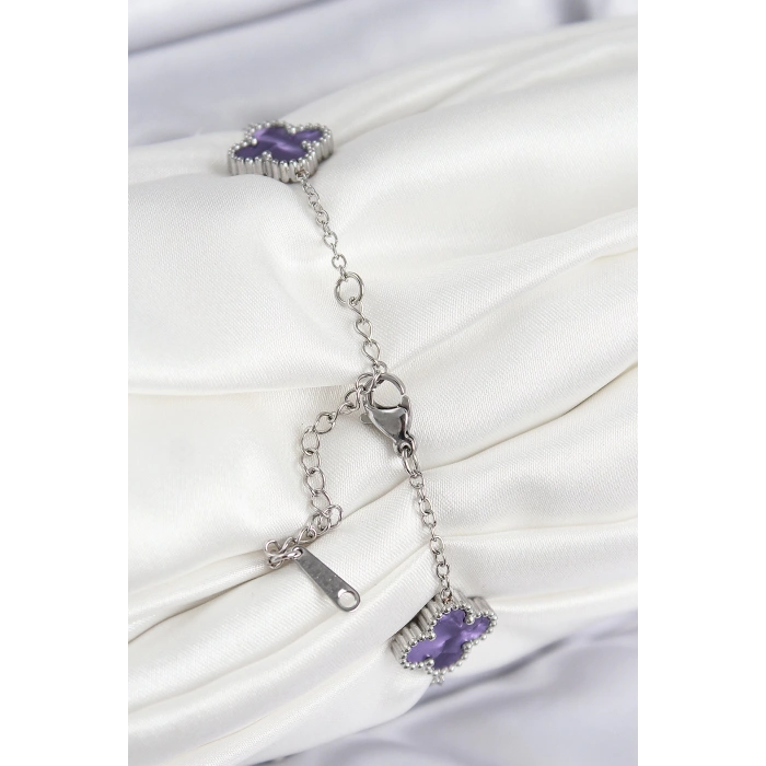 Dodes Dodes 316L Çelik Sedefli Mor Gümüş Renk Yonca Kadın Bileklik TG27BB7674