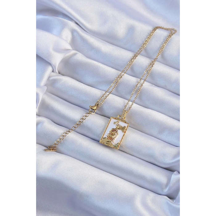 Dodes Dodes 316L Çelik Zincir Altın Renk Beyaz Mineli Tarot Kolye TG27BKO9249