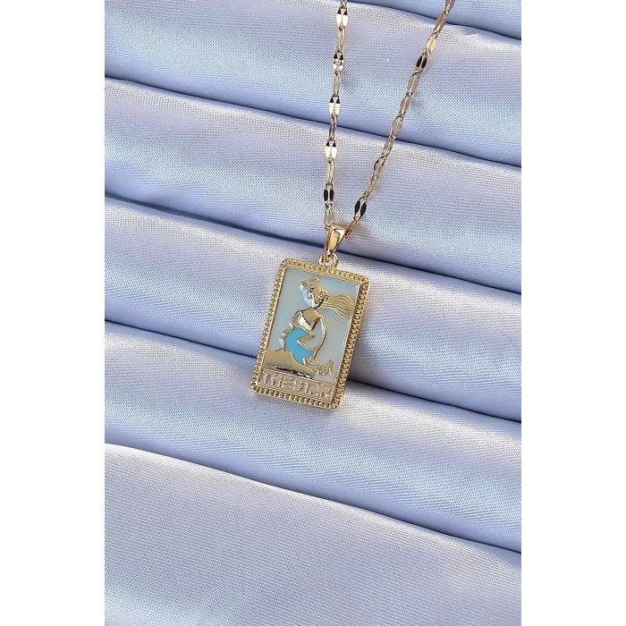 Dodes Dodes 316L Çelik Zincir Altın Renk Mavi Mineli Tarot Kolye TG27BKO9211