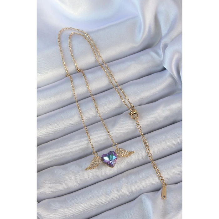 Dodes Dodes 316L Çelik Zincir Altın Renk Mavi Mor Zirkon Taşlı Kanatlı Kalp Kolye TG27BKO9161