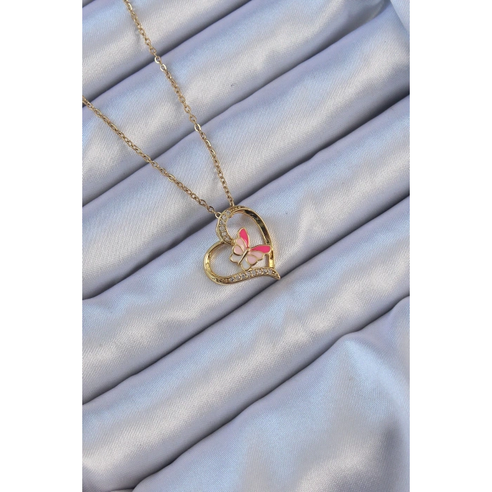 Dodes Dodes 316L Çelik Zincir Altın Renk Mineli Kelebek Figür Zirkon Taşlı Kalp Kolye TG27BKO9107