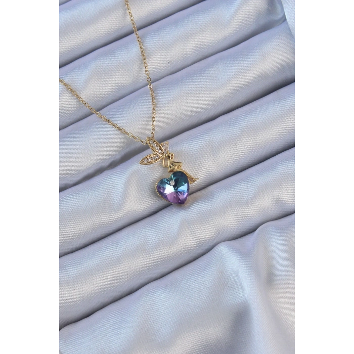 Dodes Dodes 316L Çelik Zincir Altın Renk Mor Mavi Renk Zirkon Taşlı Kalp Detay Peri Kolye TG27BKO9127