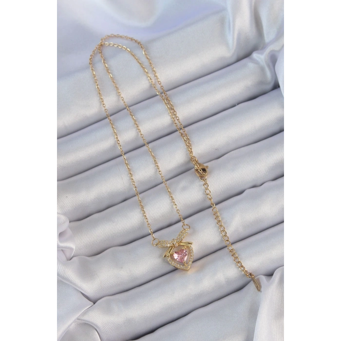 Dodes Dodes 316L Çelik Zincir Altın Renk Pembe Zirkon Taşlı Fiyonklu Kalp Kolye TG27BKO9173