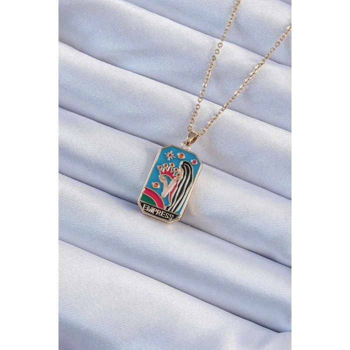 Dodes Dodes 316L Çelik Zincir Altın Renk Taç ve Kız Figürlü Renkli Mineli Tarot Kolye TG27BKO9229