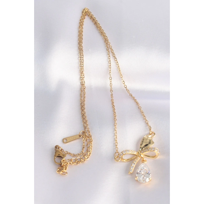 Dodes Dodes 316L Çelik Zincir Altın Renk Zirkon Taşlı Damla Detay Fiyonk Kolye TG27BKO8690