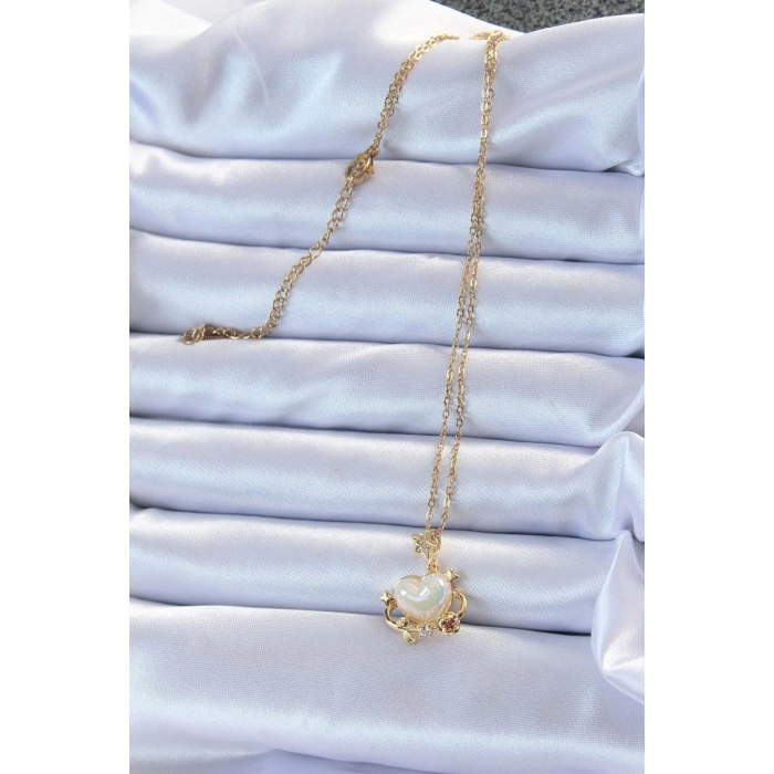 Dodes Dodes 316L Çelik Zincir Altın Renk Zirkon Taşlı Gezegen Görünümlü Kalp Kolye TG27BKO9219