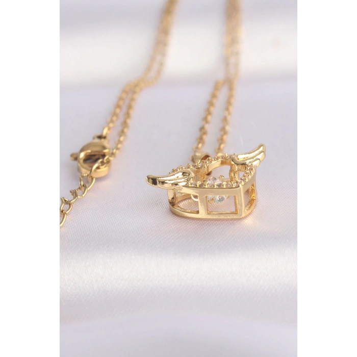 Dodes Dodes 316L Çelik Zincir Altın Renk Zirkon Taşlı Kanatlı Kalp Kolye TG27BKO8628
