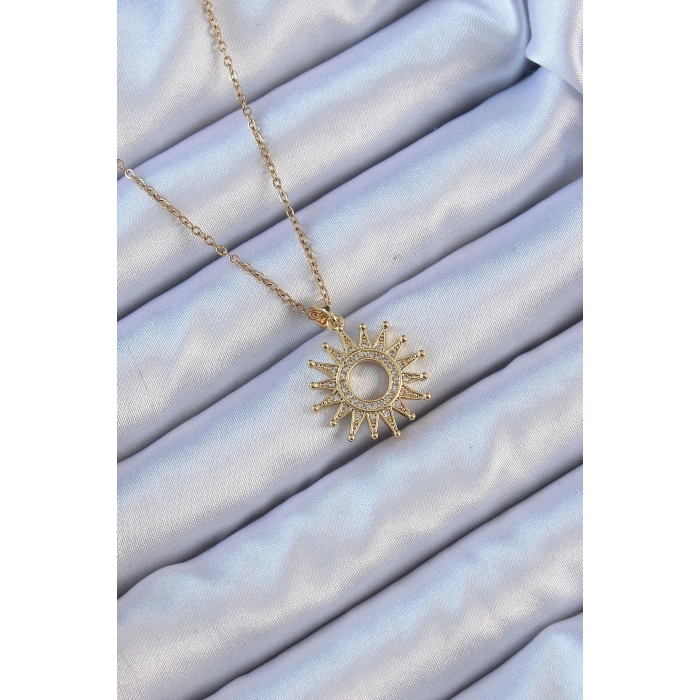Dodes Dodes 316L Çelik Zincir Altın Renk Zirkon Taşlı Parlayan Güneş Kolye TG27BKO9105