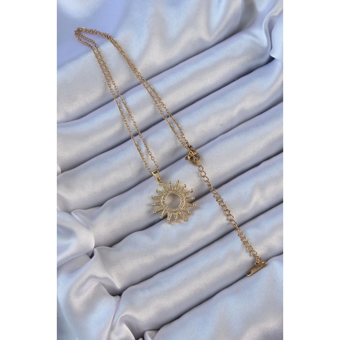 Dodes Dodes 316L Çelik Zincir Altın Renk Zirkon Taşlı Parlayan Güneş Kolye TG27BKO9105