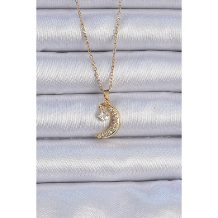 Dodes Dodes 316L Çelik Zincir Altın Renk Zirkon Taşlı Sallantılı Ay Yıldız Kolye TG27BKO9061