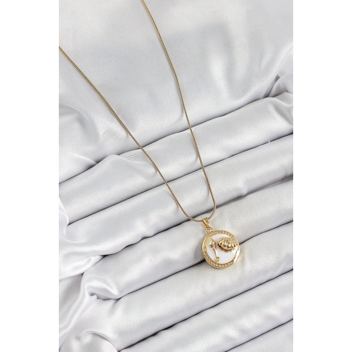 Dodes Dodes 316L Çelik Zincir Beyaz Mineli Sanatsal Portre İstiridye Model Gold Renk Kadın Kolye TG27BKO10267