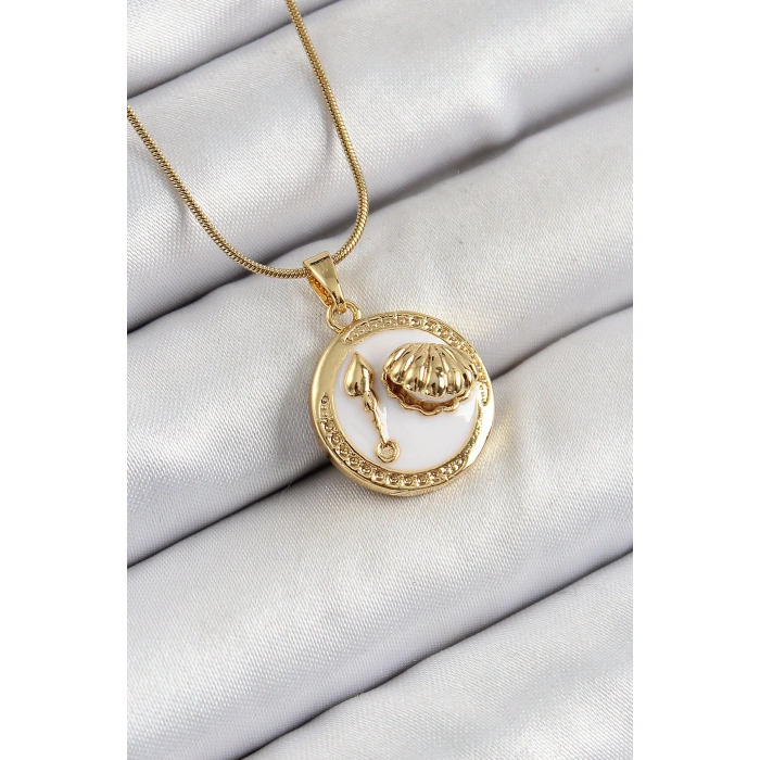 Dodes Dodes 316L Çelik Zincir Beyaz Mineli Sanatsal Portre İstiridye Model Gold Renk Kadın Kolye TG27BKO10267