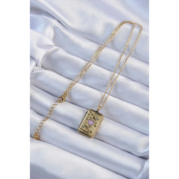 Dodes Dodes 316L Çelik Zincir Eskitme Altın Renk Pembe Mineli Kalp Figürlü Tarot Kolye TG27BKO9231