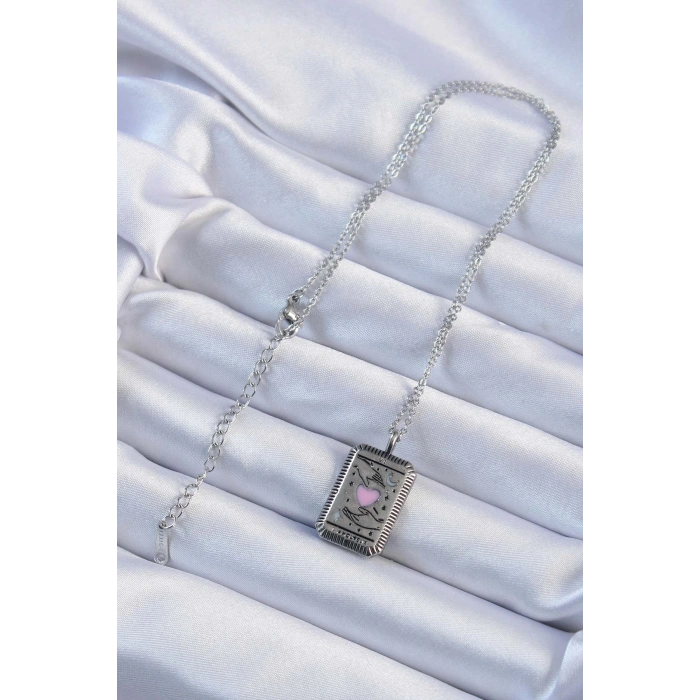 Dodes Dodes 316L Çelik Zincir Eskitme Gümüş Renk Pembe Mineli Kalp Figürlü Tarot Kolye TG27BKO9232