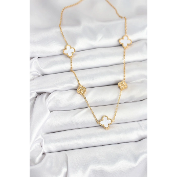 Dodes Dodes 316L Çelik Zincir Gold Renk Beyaz ve Zirkon Taşlı Yonca Kadın Kolye TG27BKO10590