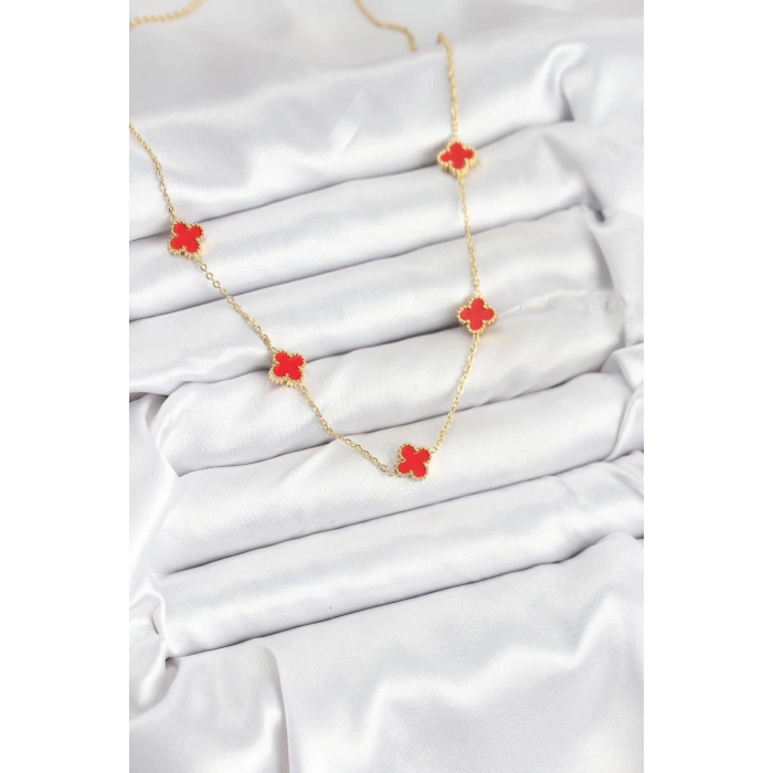 Dodes Dodes 316L Çelik Zincir Gold Renk Kırmızı Baby Boy Yonca Kadın Kolye TG27BKO10580