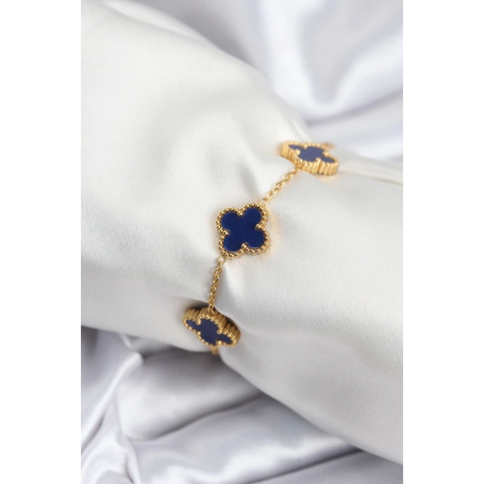 Dodes Dodes 316L Çelik Zincir Gold Renk Lacivert Yonca Kadın Bileklik TG27BB7957