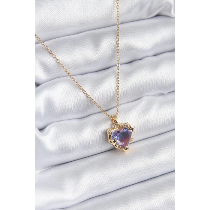 Dodes Dodes 316L Çelik Zincir Gold Renk Mor Renk Zirkon Taşlı Kalp Model Kadın Kolye TG27BKO8210