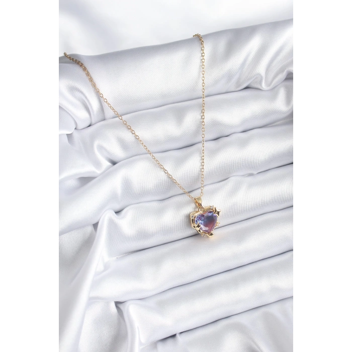Dodes Dodes 316L Çelik Zincir Gold Renk Mor Renk Zirkon Taşlı Kalp Model Kadın Kolye TG27BKO8210
