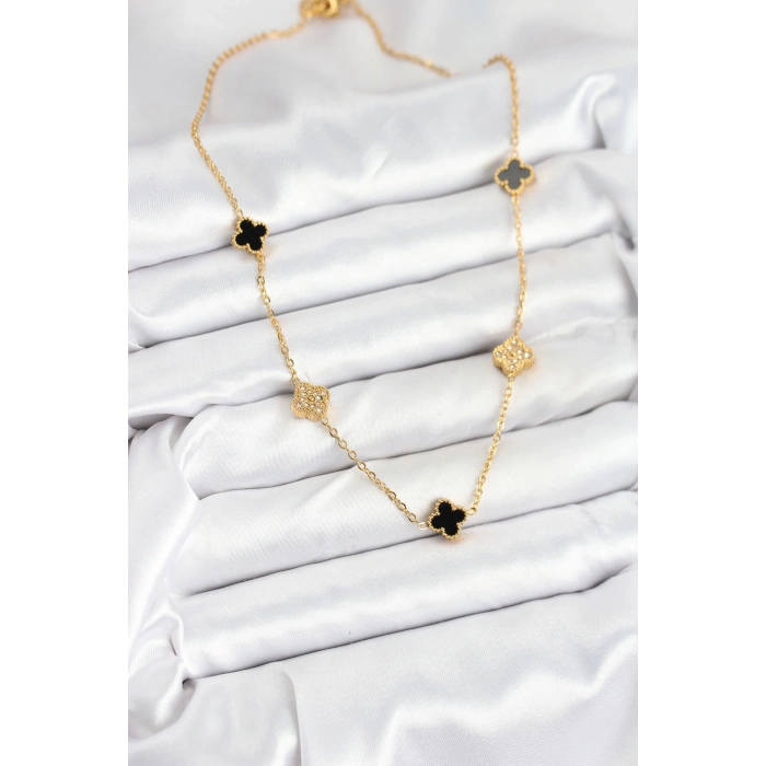 Dodes Dodes 316L Çelik Zincir Gold Renk Siyah ve Zirkon Taşlı Baby Boy Yonca Kadın Kolye TG27BKO10592