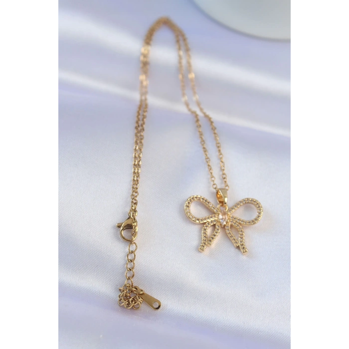 Dodes Dodes 316L Çelik Zincir Gold Renk Zirkon Taşlı Fiyonk Kolye TG27BKO8742