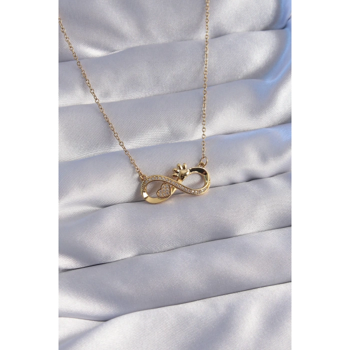 Dodes Dodes 316L Çelik Zincir Gold Renk Zirkon Taşlı Pati ve Kalp Detaylı Sonsuzluk Kolye TG27BKO8780