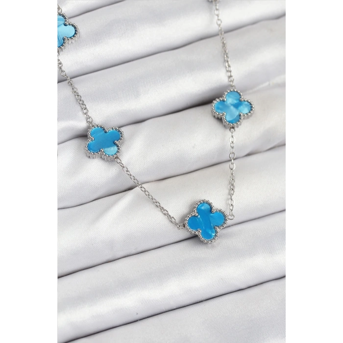 Dodes Dodes 316L Çelik Zincir Gümüş Buz Mavisi Renk Yonca Kadın Kolye TG27BKO10582