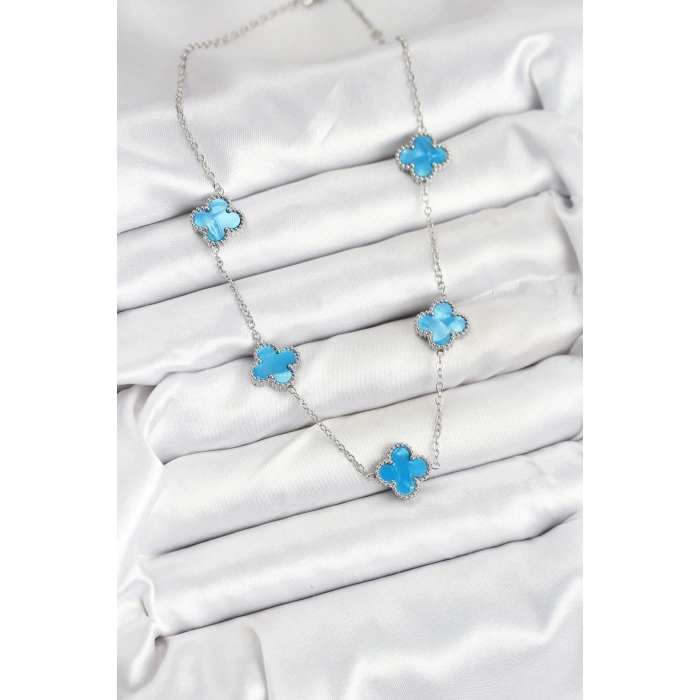 Dodes Dodes 316L Çelik Zincir Gümüş Buz Mavisi Renk Yonca Kadın Kolye TG27BKO10582