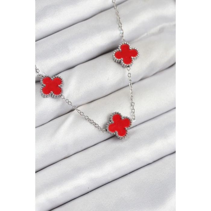 Dodes Dodes 316L Çelik Zincir Gümüş Kırmızı Renk Yonca Kadın Kolye TG27BKO10586