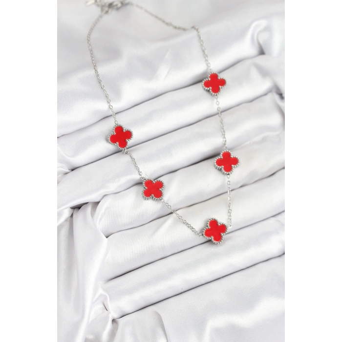 Dodes Dodes 316L Çelik Zincir Gümüş Kırmızı Renk Yonca Kadın Kolye TG27BKO10586