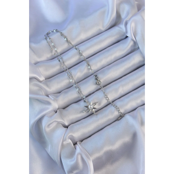 Dodes Dodes 316L Çelik Zincir Gümüş Renk Baget Taşlı İnci Detay Kutup Yıldızı Kolye TG27BKO9120