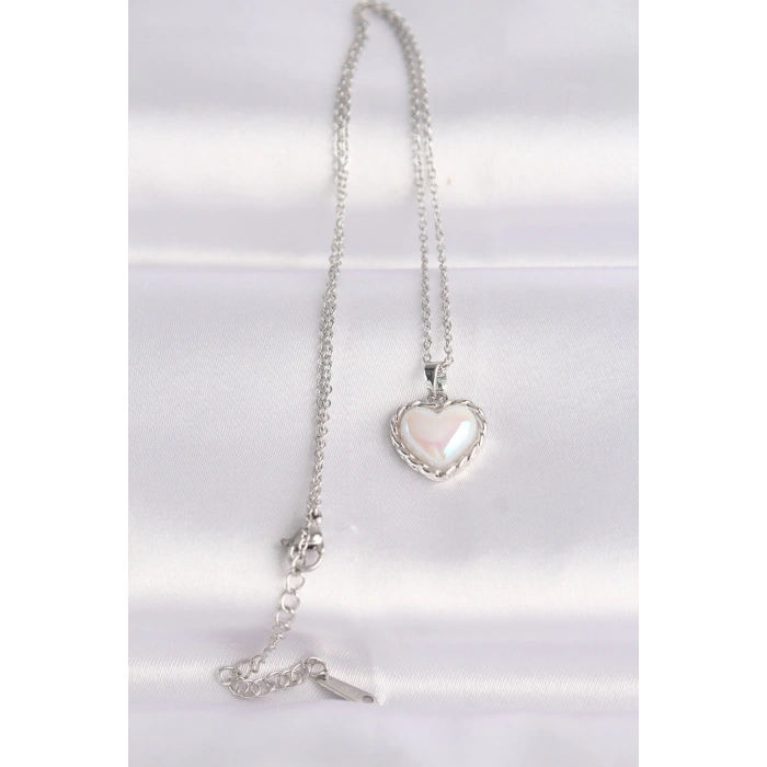Dodes Dodes 316L Çelik Zincir Gümüş Renk Beyaz Taşlı Bombeli Kalp Kolye TG27BKO8631