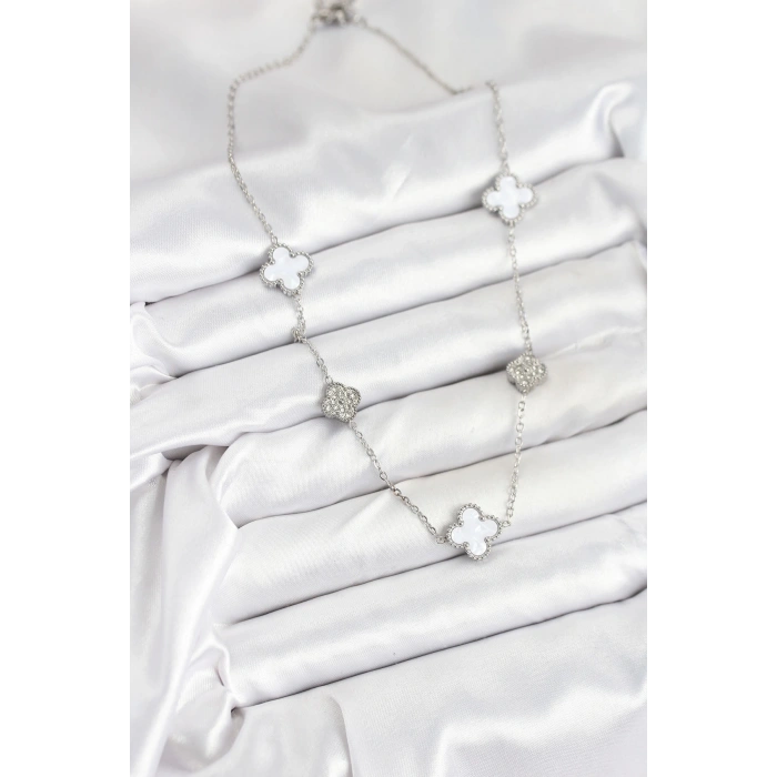 Dodes Dodes 316L Çelik Zincir Gümüş Renk Beyaz ve Zirkon Taşlı Yonca Kadın Kolye TG27BKO10588