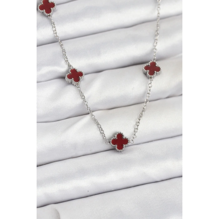 Dodes Dodes 316L Çelik Zincir Gümüş Renk Bordo Baby Boy Yonca Kadın Kolye TG27BKO10577