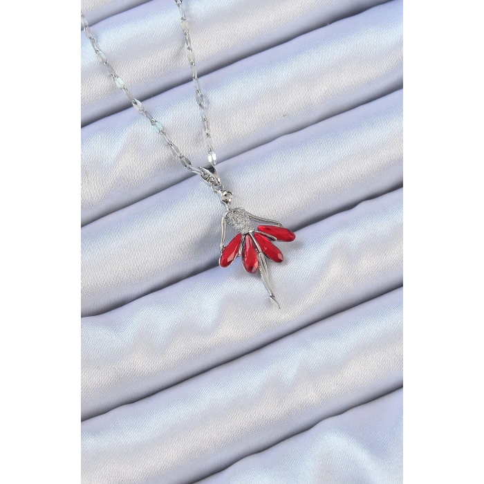 Dodes Dodes 316L Çelik Zincir Gümüş Renk Kırmızı Etekli Zirkon Taşlı Balerin Kolye TG27BKO9100