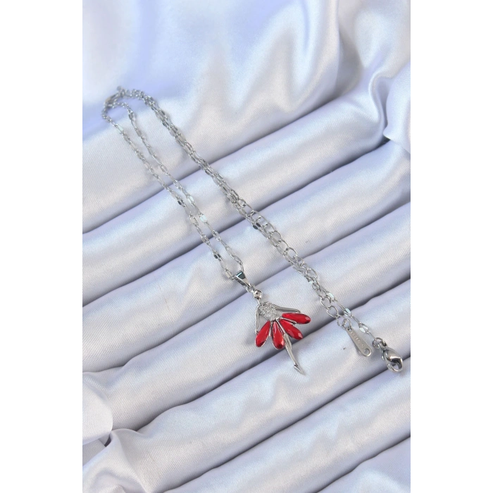 Dodes Dodes 316L Çelik Zincir Gümüş Renk Kırmızı Etekli Zirkon Taşlı Balerin Kolye TG27BKO9100