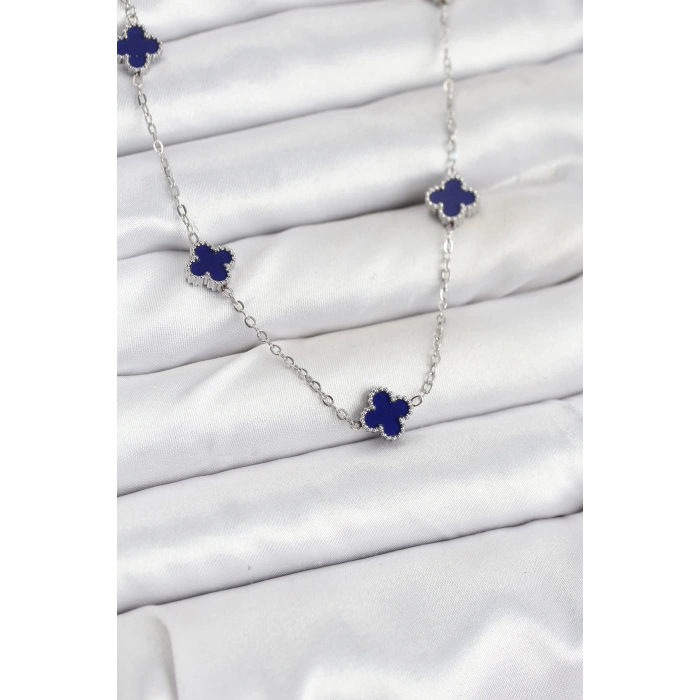 Dodes Dodes 316L Çelik Zincir Gümüş Renk Lacivert Baby Boy Yonca Kadın Kolye TG27BKO10574