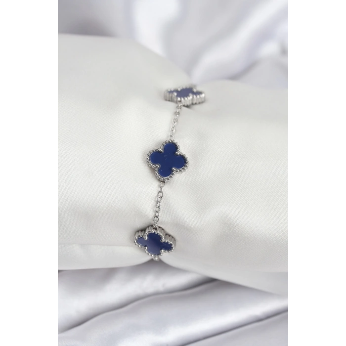 Dodes Dodes 316L Çelik Zincir Gümüş Renk Lacivert Yonca Kadın Bileklik TG27BB7958