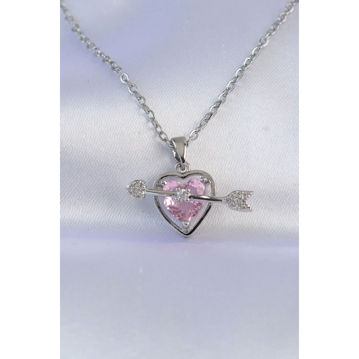 Dodes Dodes 316L Çelik Zincir Gümüş Renk Pembe Zirkon Taşlı Eros Kolye TG27BKO8743