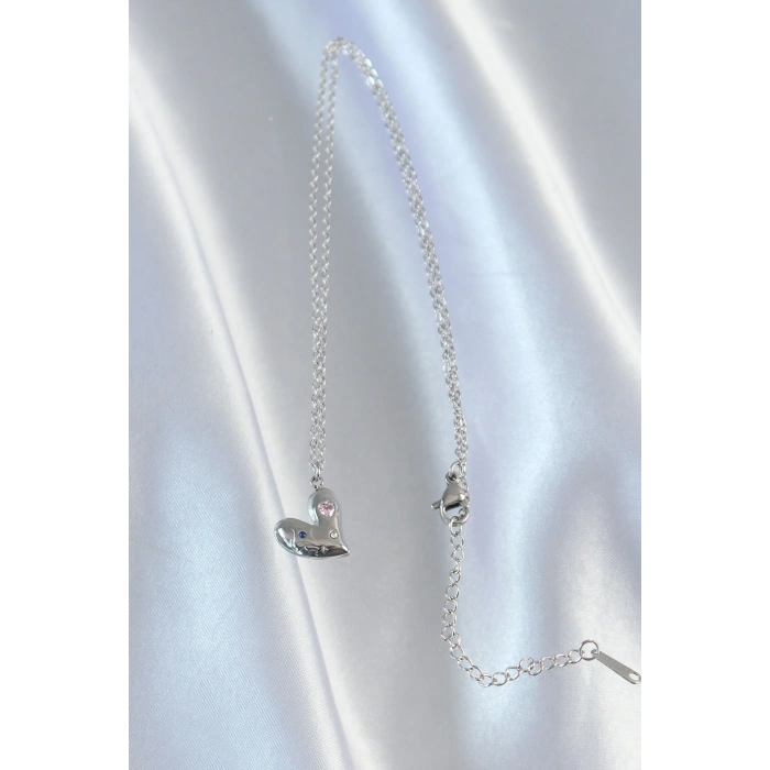 Dodes Dodes 316L Çelik Zincir Gümüş Renk Renkli Zirkon Taşlı Kalp Kolye TG27BKO8906